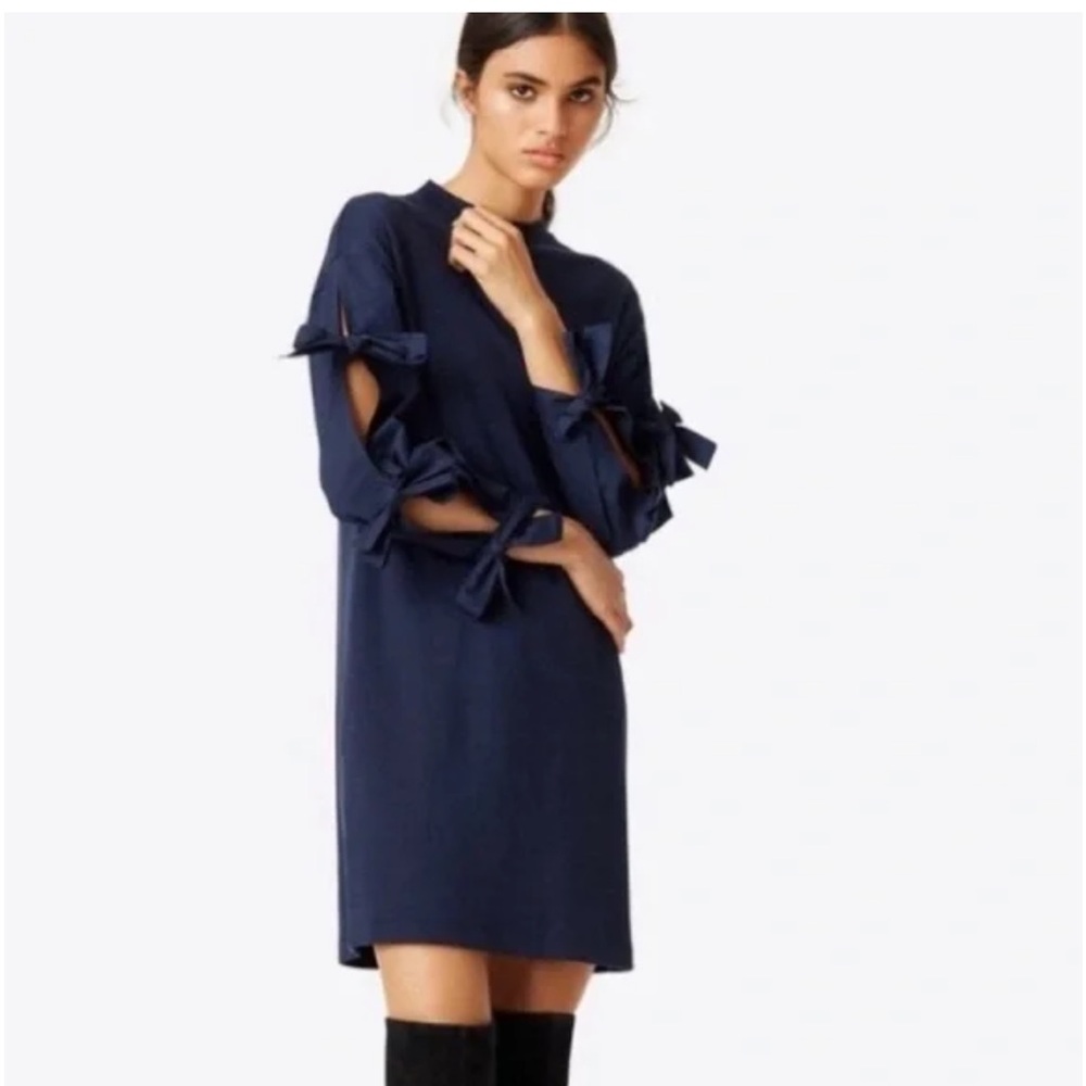 Tory Burch Women's Navy Blue Emilia Tie Sleeve Shift Dress Size Small